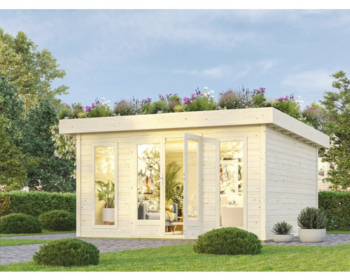 Abri de jardin avec toit plat, portes vitrées et végétation de toit dans le jardin