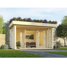 Abri de jardin avec toit plat, double porte et toit végétalisé dans le jardin.