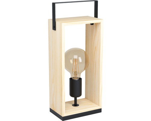 Lampe de table 1 ampoule H 40 cm Famborough noir/nature + interrupteur à câble Lampe de table décorative avec cadre en bois et ampoule