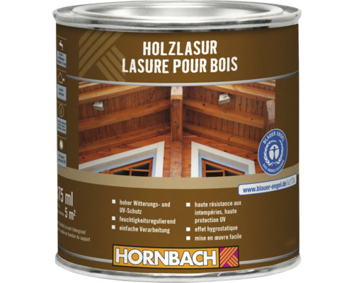 Pot de lasure pour bois avec le label Ange Bleu et le logo Hornbach Pot de lasure pour bois avec le label Ange Bleu et le logo Hornbach