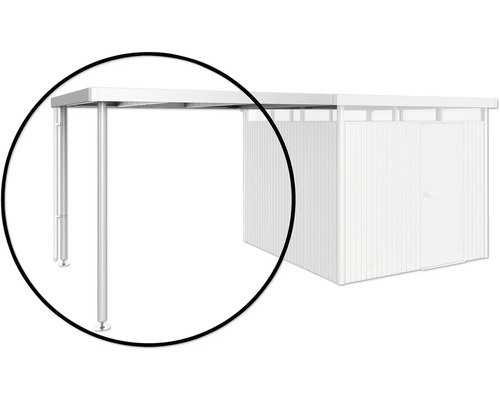 Seitendach Biohort für Gartenhaus HighLine 4 Gr. S 150 x 275 cm silber-metallic Detailansicht eines Carports mit Aluminiumpfosten und Gerätehaus