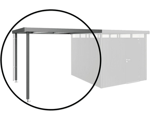 Seitendach Biohort für Gartenhaus HighLine 4 Gr. S 150 x 275 cm dunkelgrau-metallic Detailansicht eines Terrassendachs mit Stützpfosten