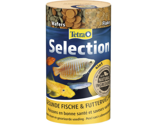 Dose Tetra Selection 4 in 1 Fischfutter mit Waffeln und Flocken, ohne Konservierungsstoffe, natürliche Inhaltsstoffe.