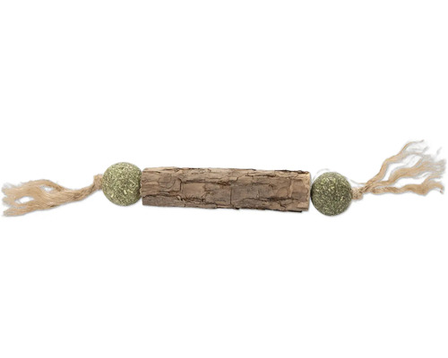 Katzenspielzeug mit Holzstück, zwei Catnip-Bällen und Fransen