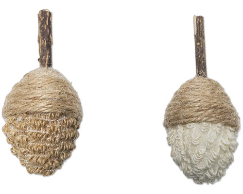Zwei dekorative Eicheln mit Jutekappe und Holzstiel