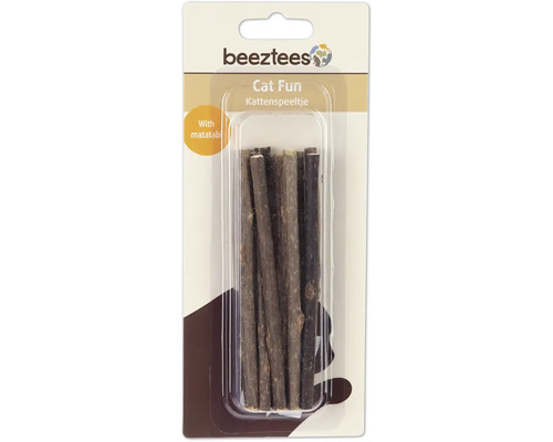 Beeztees Logo. Katzenminze Sticks in Verpackung für Katzenspielzeug.