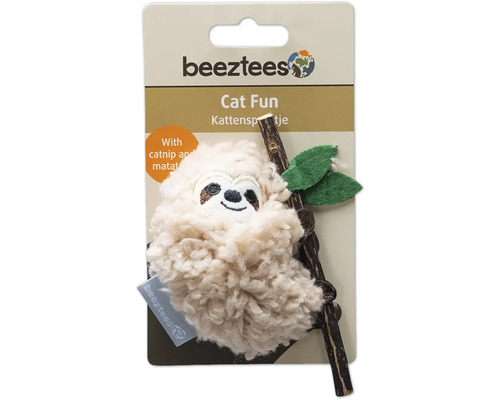 Beeztees Logo. Katzenspielzeug Faultier mit Katzenminze und Matatabi.