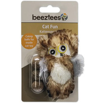 Beeztees Logo. Katzenspielzeug in Eulenform mit Katzenminzbällen.