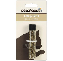 Beeztees Logo. Katzenminze Nachfüllpackung in durchsichtiger Flasche mit schwarzem Deckel.