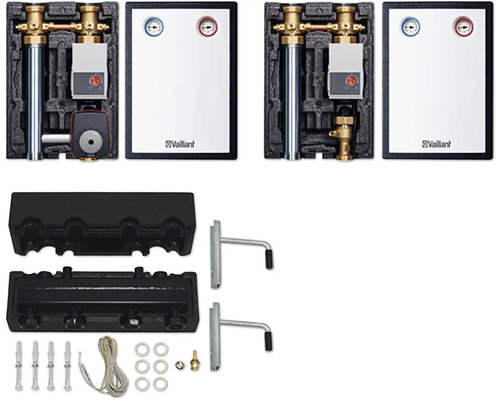Distributeur de circuit de chauffage Vaillant avec pompe de circuit de chauffage, barre de distribution, support mural et matériel de montage
