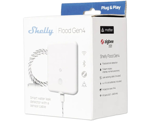 Détecteur d'eau Shelly Flood Gen4 avec câble de capteur dans son emballage