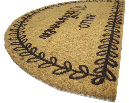 Halbkreisförmige Fußmatte aus Kokosfaser mit Blätterdesign und der Aufschrift Hallo Willkommen.