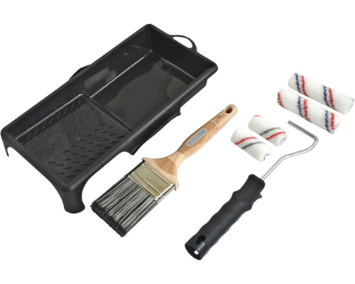 Bac à peinture, pinceau, rouleau à peinture et rouleaux pour travaux de peinture