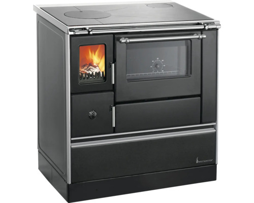 Küchenofen Holzherd Dauerbrandofen WESTMINSTER K76F-90 Farbe Herd schwarz Position Backraum Rechts Material Herdplatte Stahlplatte Holzherd mit Kochfeld, Backofen und Feuerraum