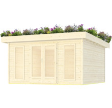 Maison de jardin en bois avec toit plat et végétation sur le toit.