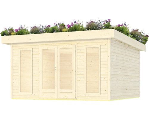 Maison de jardin en bois avec toit plat et végétation sur le toit.