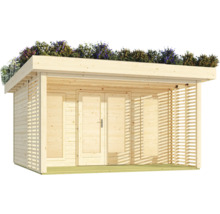 Maison de jardin en bois avec toit végétalisé et double porte