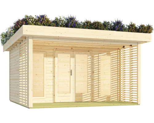 Maison de jardin en bois avec toit végétalisé et double porte