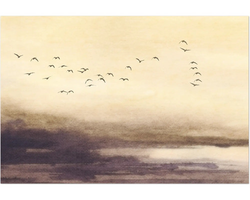 Illustration mit Vogelschwarm vor bewölktem Himmel