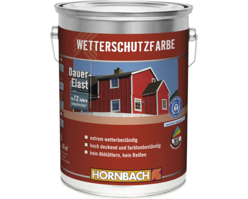 Wetterschutzfarbe im Farbeimer mit Informationen zu Eigenschaften und Gütesiegel