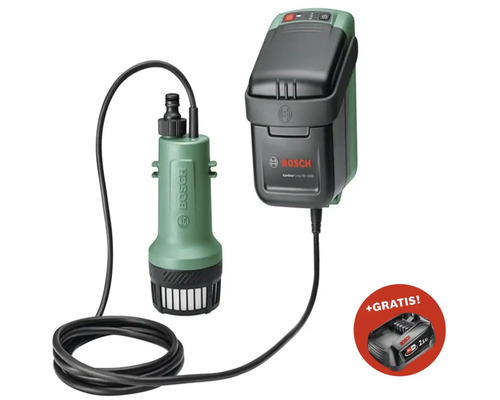 Logo Bosch. Pompe de jardin sans fil avec batterie et chargeur.