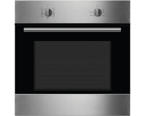 Edelstahl Einbaubackofen mit schwarzer Glastür und Drehknöpfen