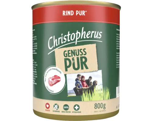 Pâtée pour chiens Christopherus Pur au bœuf 800 g sans céréales, protéine unique Christopherus Rind Pur nourriture pour chiens, boîte de 800 grammes