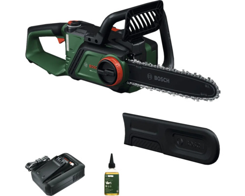 Bosch Akku-Kettensäge mit Akku, Ladegerät, Kettenschutz und Öl
