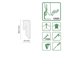 Clip zur Befestigung mit den Maßen 38,5 mm mal 15 mm, zusammen mit Symbolen und Siegeln