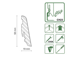 Baguette profilée de dimensions 58 mm x 19 mm et symboles de fixation par clip