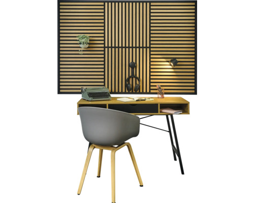 Handmuster zu Sonava Akustikpaneel Eiche Smaland 1-seitig foliert 553 x 553 x 21 mm Arbeitszimmer mit Schreibtisch, Stuhl und Wandpaneelen