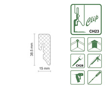 Abbildung eines Clips mit den Maßen 38,5 mm x 15 mm und zugehörigen Symbolen