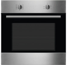 Edelstahl Einbaubackofen mit schwarzer Glastür und Drehknöpfen