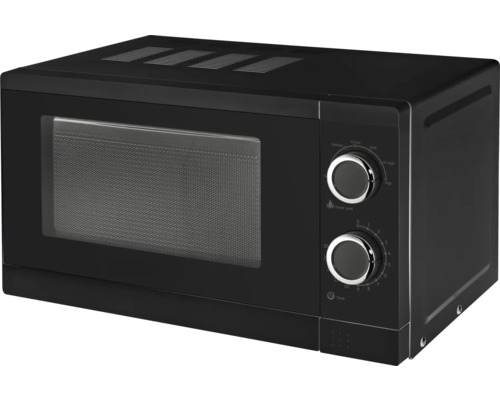 Four à micro-ondes noir avec boutons rotatifs pour le réglage de la puissance et du temps.