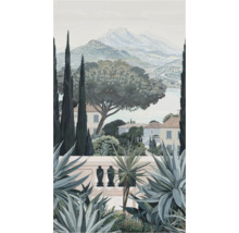 Illustration einer mediterranen Landschaft mit Häusern, Zypressen und Bergen im Hintergrund