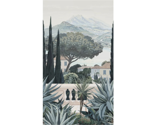 Illustration einer mediterranen Landschaft mit Häusern, Zypressen und Bergen im Hintergrund