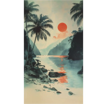 Illustration einer Küstenlandschaft mit Palmen und Sonnenuntergang