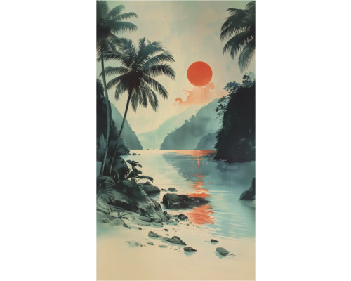 Illustration einer Küstenlandschaft mit Palmen und Sonnenuntergang