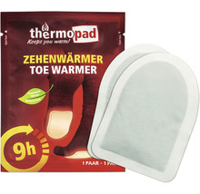 Thermopad Chauffe-orteils dans un carton ouvert et deux coussins chauffants individuels