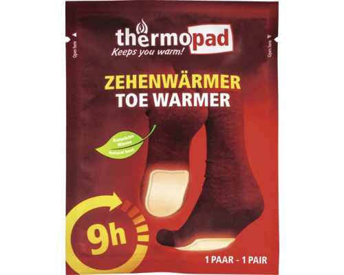 Emballage de chauffe-orteils Thermopad avec des informations sur l'utilisation et la durée