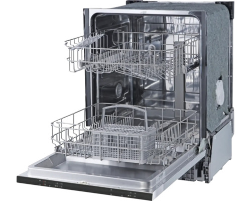 Offener Geschirrspüler mit Innenraum aus Metallkörben