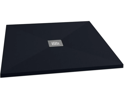 Schwarze Duschwanne mit quadratischem Ablauf