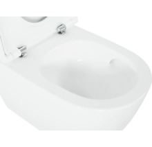 Detailansicht einer weißen Wandtoilette aus Keramik mit offenem Toilettendeckel.