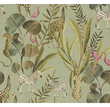 Muster mit Giraffen, Zebras, Leoparden, tropischen Pflanzen und Vögeln