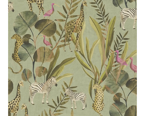 Muster mit Giraffen, Zebras, Leoparden, tropischen Pflanzen und Vögeln