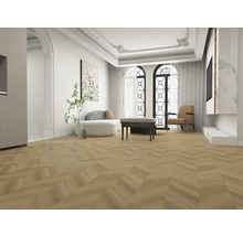 Salon lumineux avec parquet en chevrons, sièges et éléments décoratifs