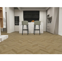 Cuisine moderne avec deux tabourets de bar et parquet en point de Hongrie