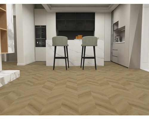 Cuisine moderne avec deux tabourets de bar et parquet en point de Hongrie