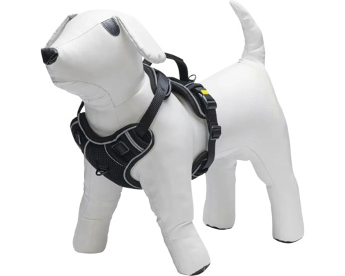 Harnais noir pour chien sur un mannequin de chien.