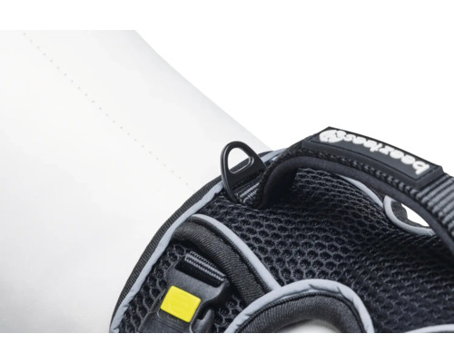 Detailansicht eines Hundegeschirrs mit Ring zur Leinenbefestigung und einem Verschluss